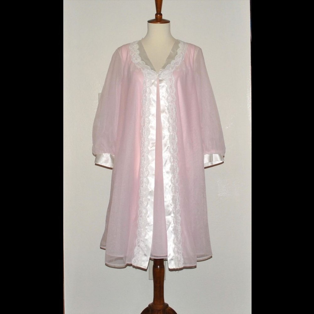 Vintage Sears Peignoir Set Size Small 32-34 Pink & White Short Nightie & Robe - Picture 1 of 15